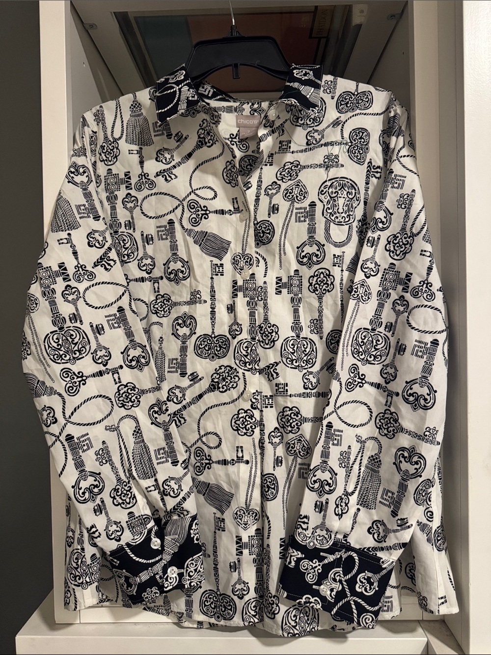 Chico's Black and White Key-Print Button Front No Iron Shirt
